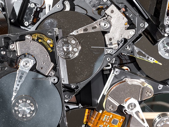 Shredded hard drives in a bin.