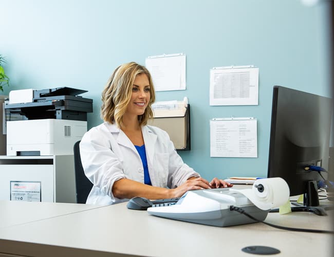 Medical professional working at a desktop computer with a document shredding console in the background.