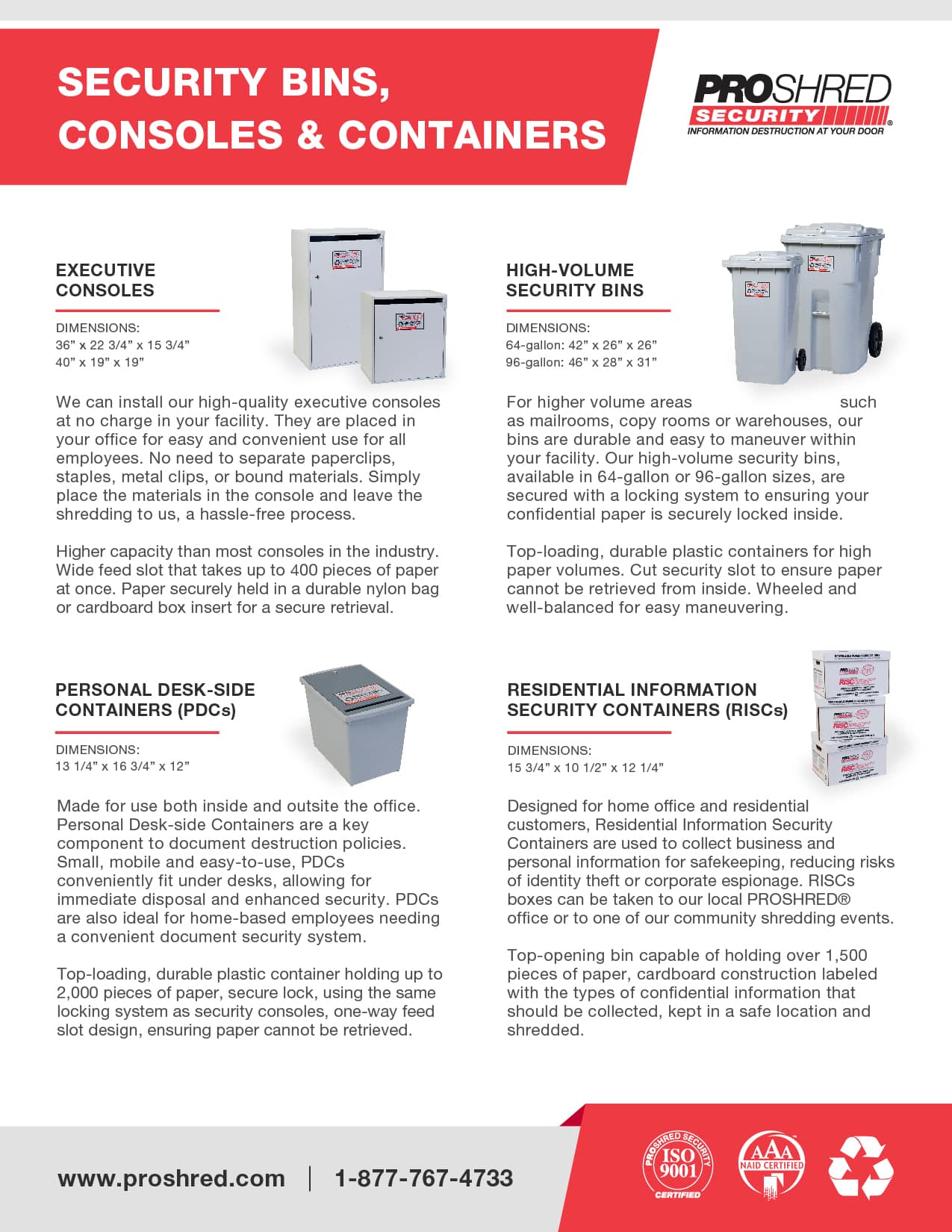 Image shows a variety of shredding bins and consoles to securely store confidential paper.